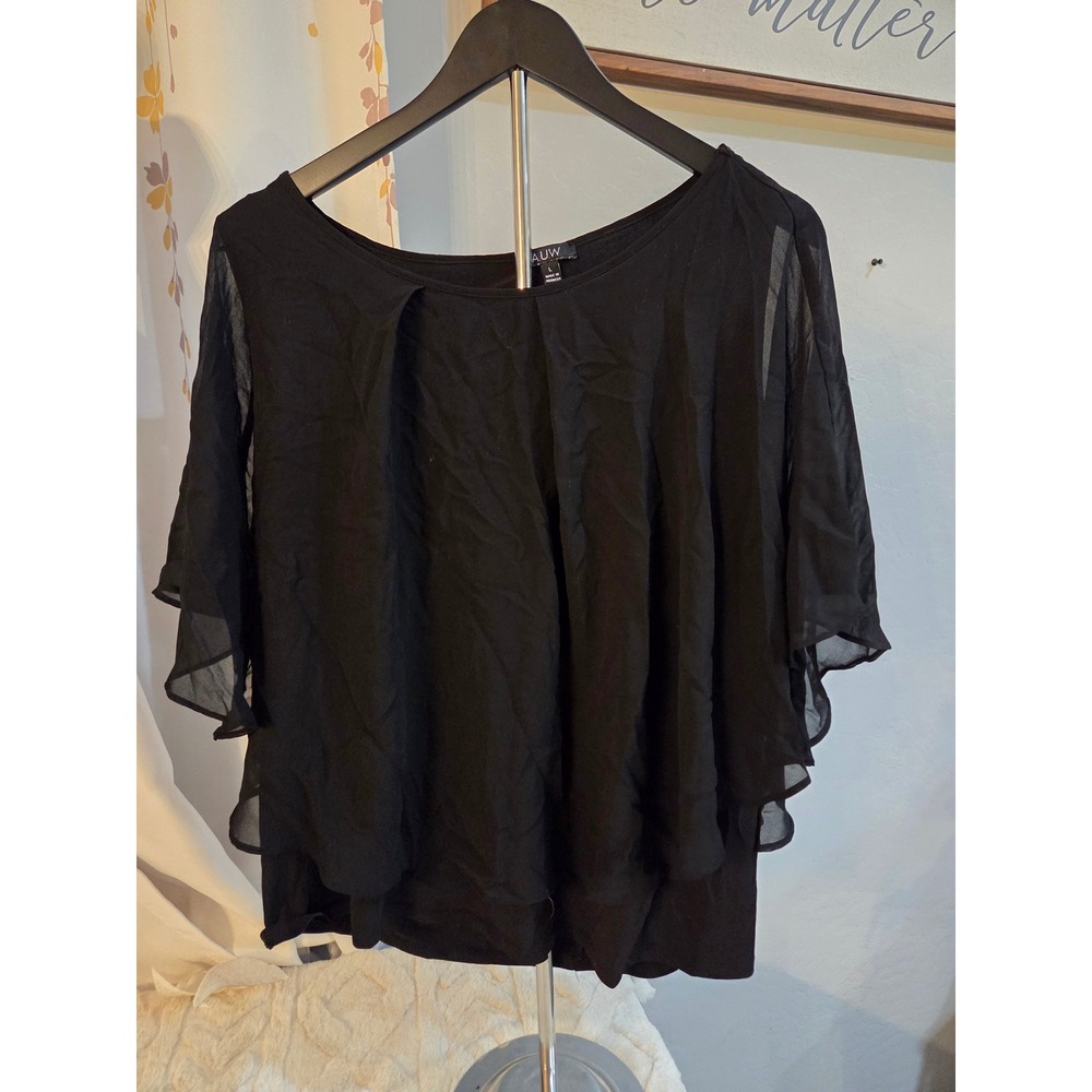 Vintage AUW Black Chiffon Layered Flutter Sleeve Blouse Scoop Neck Top Large